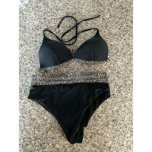 Black Rose Leopard Mesh Trim 2pcs Bikini Swimsuit